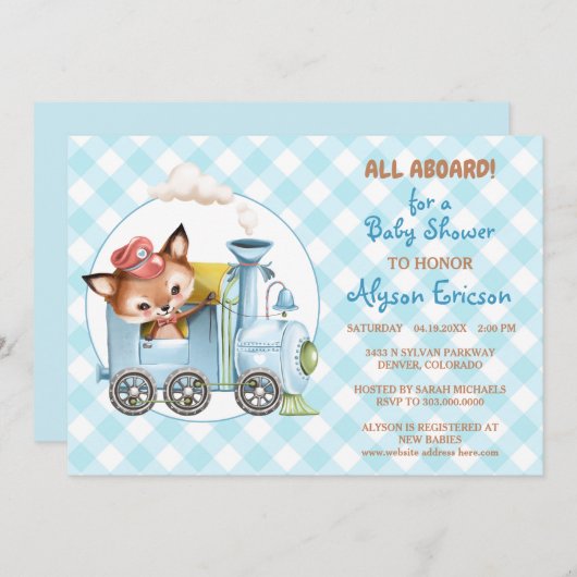 Fox en Train Gingham Blue Baby shower Kaart (Voorkant / Achterkant)