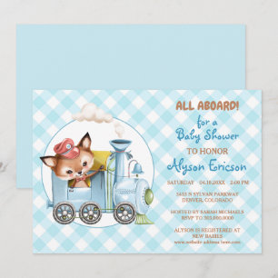 Fox en Train Gingham Blue Baby shower Kaart