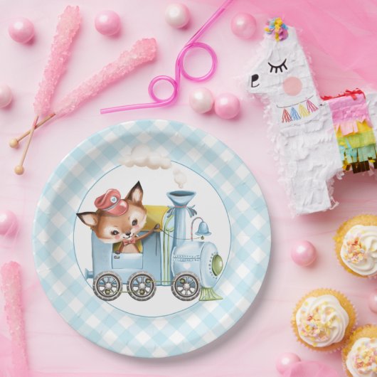 Fox en Train Gingham Blue Baby shower Papieren Bordje (Feest)