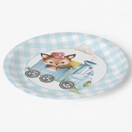 Fox en Train Gingham Blue Baby shower Papieren Bordje (Gekanteld)
