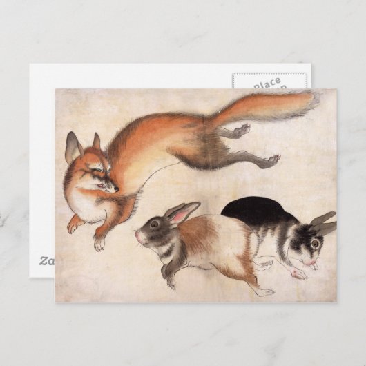 Fox en twee hazen,  Japanse schilderkunst Briefkaart (Voorkant / Achterkant)