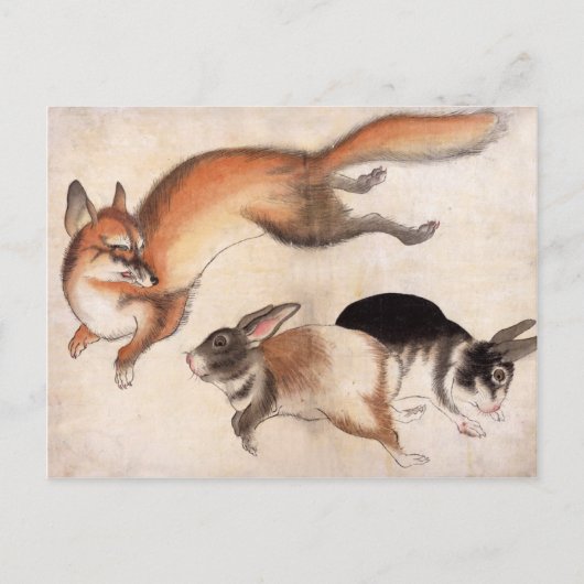 Fox en twee hazen,  Japanse schilderkunst Briefkaart (Voorkant)