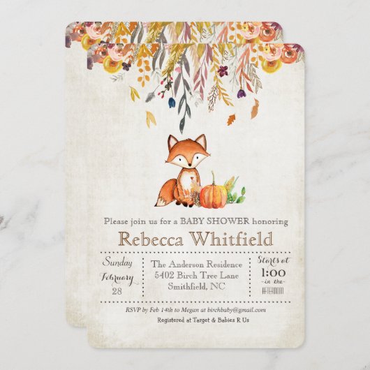 Fox Fall Leaves Pumpkin Baby shower Invitation Kaart (Voorkant / Achterkant)