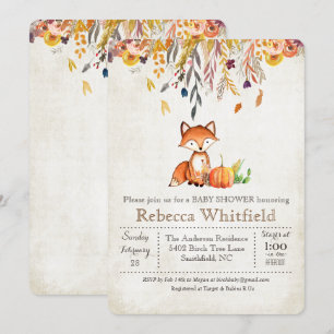 Fox Fall Leaves Pumpkin Baby shower Invitation Kaart