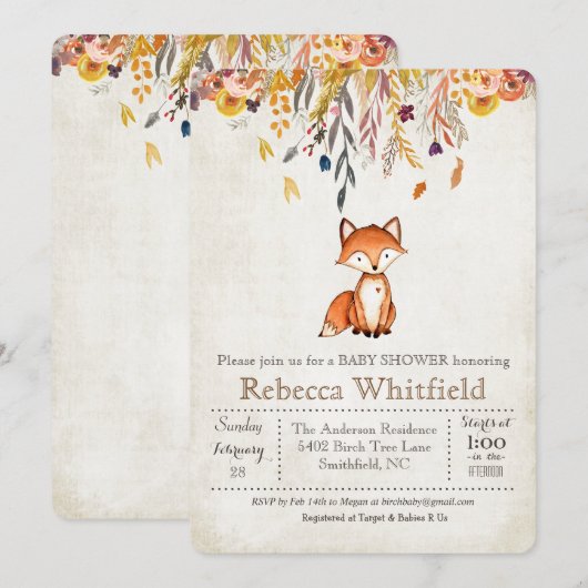 Fox Fall verlaat Pumpkin Baby shower Invitation Kaart (Voorkant / Achterkant)