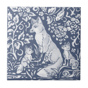 Fox Family Blue White Woodland Forest Denim Tegeltje