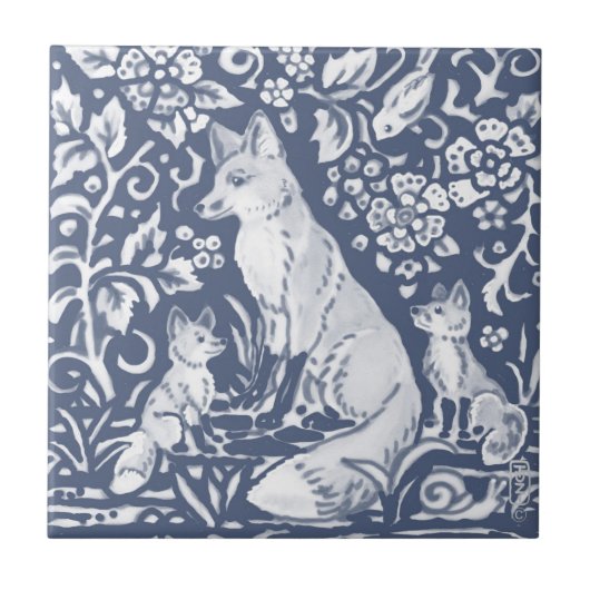 Fox Family Blue White Woodland Forest Denim Tegeltje (Voorkant)