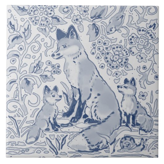 Fox Family Denim Blue White / Grey Woodland Tegeltje (Voorkant)
