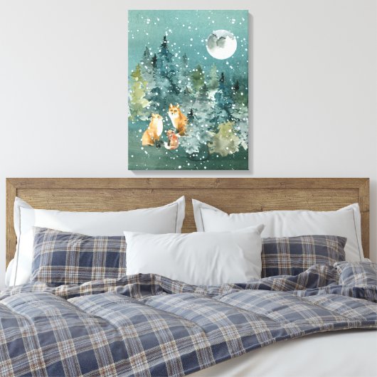 Fox Family Forest Full Moon Snowfall Canvas Afdruk (Insitu (Slaapkamer))