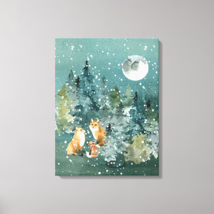 Fox Family Forest Full Moon Snowfall Canvas Afdruk