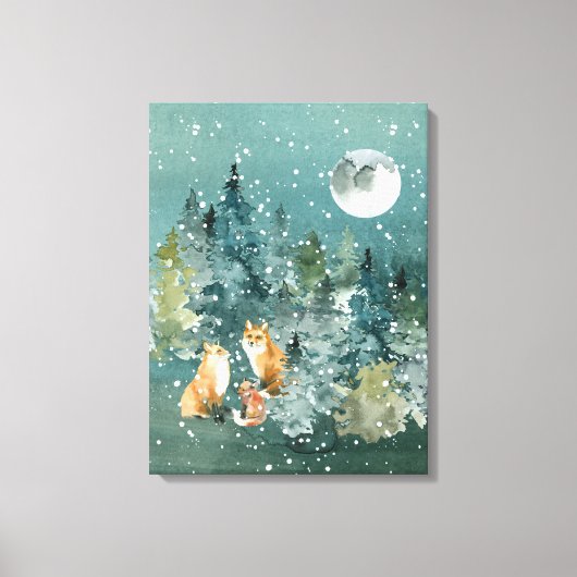 Fox Family Forest Full Moon Snowfall Canvas Afdruk (Voorkant)