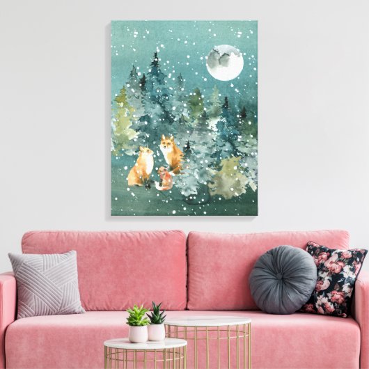 Fox Family Forest Full Moon Snowfall Canvas Afdruk (Insitu (Woonkamer))