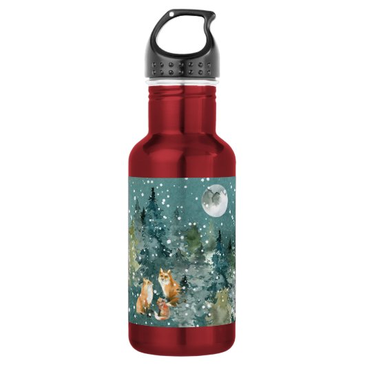 Fox Family Forest Full Moon Snowfall Holiday Small Waterfles (Voorkant)