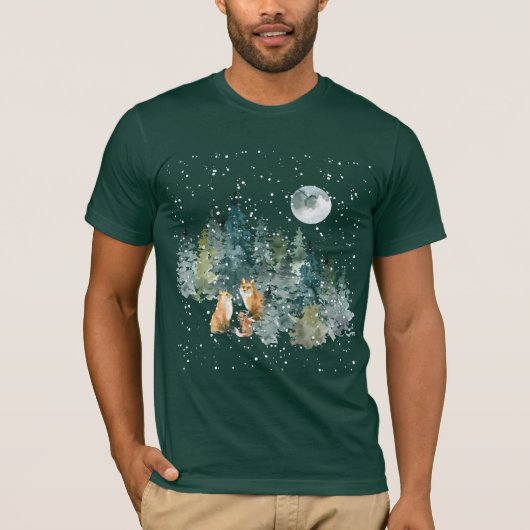 Fox Family Forest Full Moon Snowfall T-shirt (Voorkant)