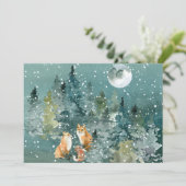 Fox Family Forest Full Moon Snowfall Waterverf Feestdagenkaart (Staand voorkant)