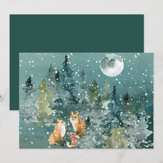 Fox Family Forest Full Moon Snowfall Waterverf Feestdagenkaart (Voorkant / Achterkant)