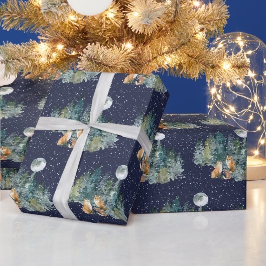 Fox Family Forest Volle Maan Sneeuwval Kerstmis Cadeaupapier (Feestdagen)