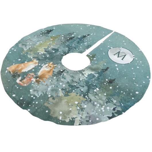 Fox Family Forest Volle Maan Sneeuwval Monogram Kerstboom Rok (Gekanteld)