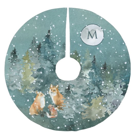 Fox Family Forest Volle Maan Sneeuwval Monogram Kerstboom Rok (Voorkant)