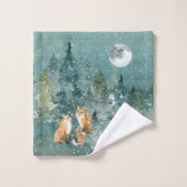 Fox Family in Forest Full Moon Snowfall Bad Handdoek (Wasdoekje)