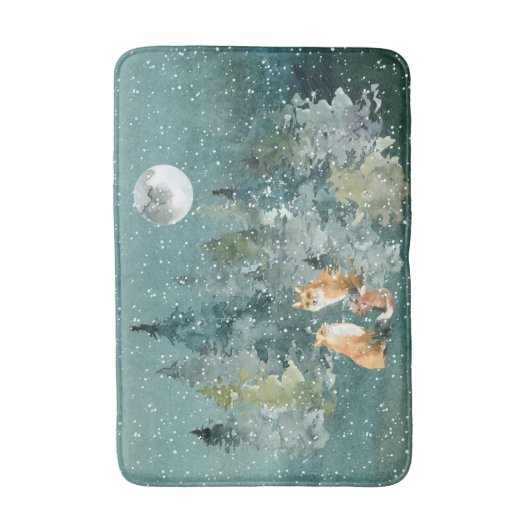 Fox Family in Forest Full Moon Snowfall Badmat (Voorkant Verticaal)