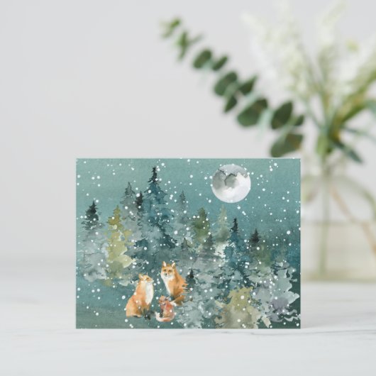 Fox Family in Forest Full Moon Snowfall Briefkaart (Staand voorkant)