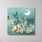 Fox Family in Forest Full Moon Snowfall Canvas Afdruk (Voorkant)