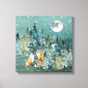 Fox Family in Forest Full Moon Snowfall Canvas Afdruk