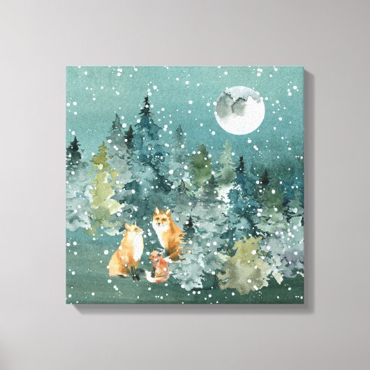 Fox Family in Forest Full Moon Snowfall Canvas Afdruk (Voorkant)