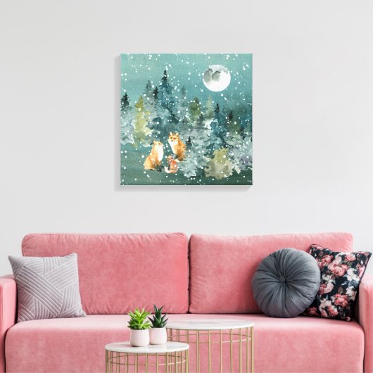 Fox Family in Forest Full Moon Snowfall Canvas Afdruk (Insitu (Woonkamer))