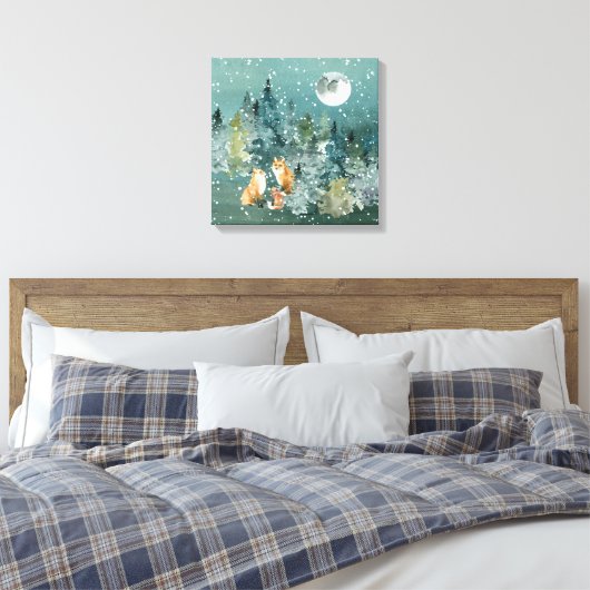 Fox Family in Forest Full Moon Snowfall Canvas Afdruk (Insitu (Slaapkamer))