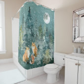 Fox Family in Forest Full Moon Snowfall Douchegordijn (In situ)