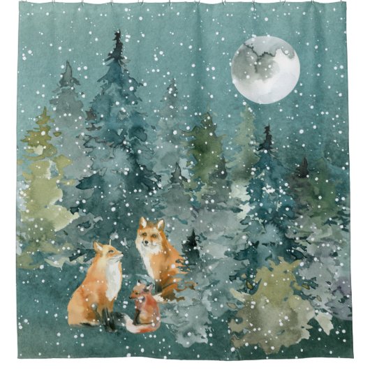 Fox Family in Forest Full Moon Snowfall Douchegordijn (Voorkant)