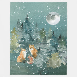 Fox Family in Forest Full Moon Snowfall Fleece Deken