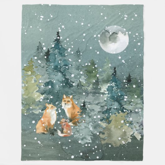Fox Family in Forest Full Moon Snowfall Fleece Deken (Voorkant)