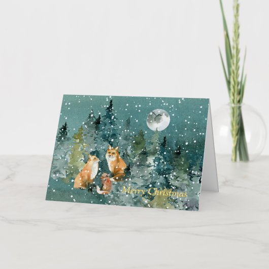 Fox Family in Forest Full Moon Snowfall Folie Wenskaart (Voorkant)