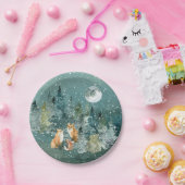 Fox Family in Forest Full Moon Snowfall Holiday Papieren Bordje (Feest)
