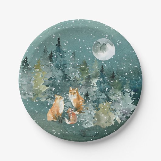 Fox Family in Forest Full Moon Snowfall Holiday Papieren Bordje (Voorkant)