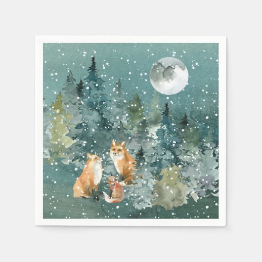 Fox Family in Forest Full Moon Snowfall Holiday Servet (Voorkant)