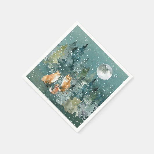 Fox Family in Forest Full Moon Snowfall Holiday Servet (Hoek)