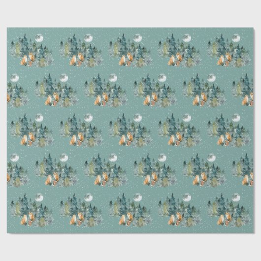 Fox Family in Forest Full Moon Snowfall Kerstmis Cadeaupapier (Vlak)