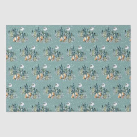 Fox Family in Forest Full Moon Snowfall Kerstmis Tissuepapier (Voorkant)