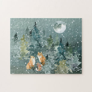 Fox Family in Forest Full Moon Snowfall Legpuzzel