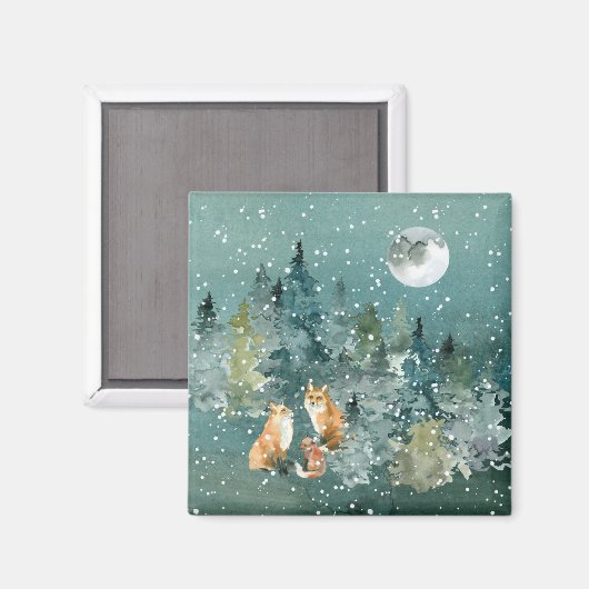 Fox Family in Forest Full Moon Snowfall Magneet (Voorkant / Achterkant)