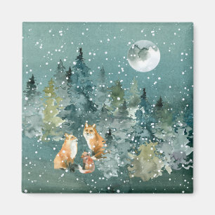 Fox Family in Forest Full Moon Snowfall Magneet