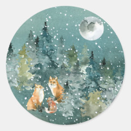 Fox Family in Forest Full Moon Snowfall Ronde Sticker