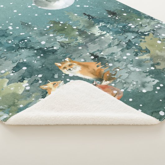 Fox Family in Forest Full Moon Snowfall Sherpa Deken (3/4)
