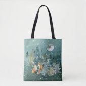 Fox Family in Forest Full Moon Snowfall Tote Bag (Voorkant)