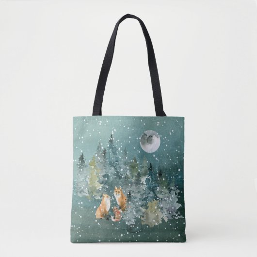 Fox Family in Forest Full Moon Snowfall Tote Bag (Voorkant)