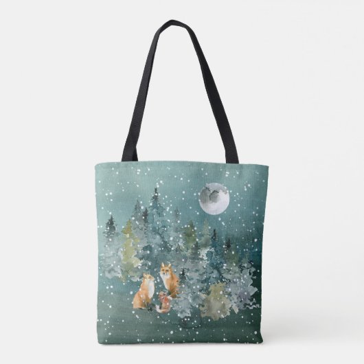 Fox Family in Forest Full Moon Snowfall Tote Bag (Achterkant)